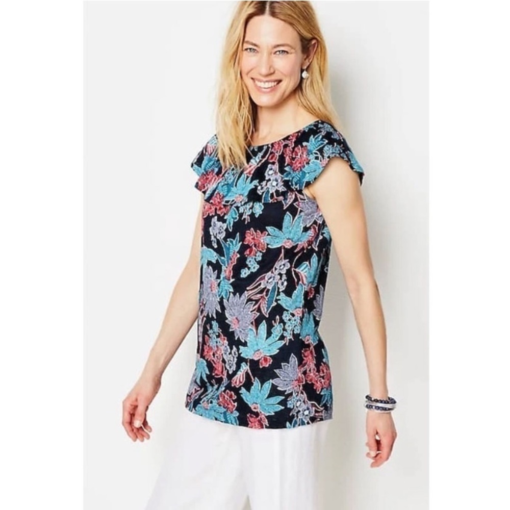 J Jill loves linen navy red floral sleeveless top with ruffle size Medium